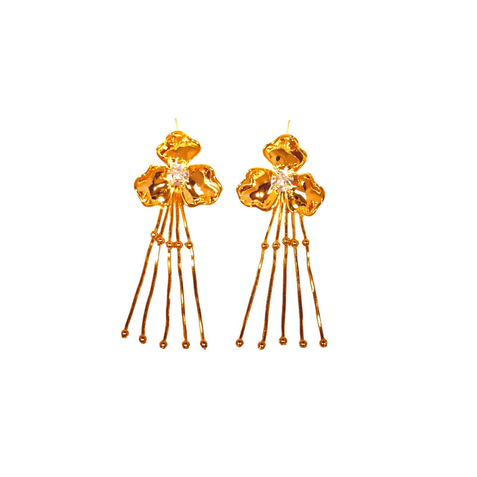 Flat-lay on white background of gold-plated floral earrings highlighting petal texture and polish - gold plated party dangler earrings - gold plated party wear danglers - gold plated party statement earrings - gold plated cocktail dangler earrings - gold plated festive dangler earrings - gold plated glam chandalier earrings - hypoallergenic 18K gold-plated stainless steel party dangle earrings - waterproof statement earrings anti-tarnish - Rakhi gifts for sister under 2000 - jewelry Raksha Bandhan gifts