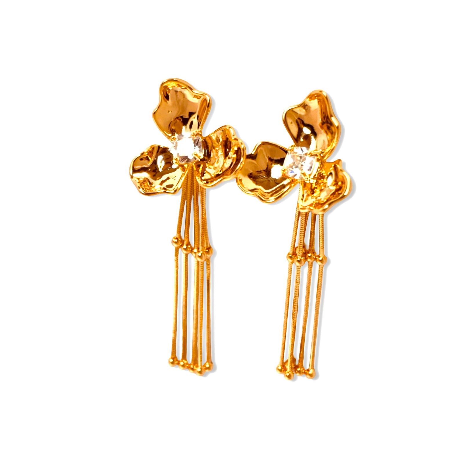 Flat-lay close-up shot of 18K gold floral earrings with subtle shine and reflections - gold plated party dangler earrings - gold plated party wear danglers - gold plated party statement earrings - gold plated cocktail dangler earrings - gold plated festive dangler earrings - gold plated glamour dangler earrings - hypoallergenic evening danglers - water‑resistant party earrings anti-tarnish