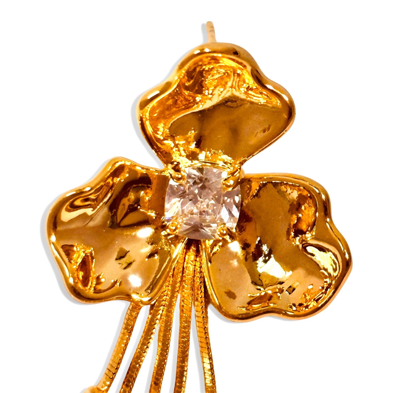 Close-up of gold-plated floral earrings highlighting petal texture and polish - gold plated party dangler earrings - gold plated party wear danglers - gold plated party statement earrings - gold plated cocktail dangler earrings - gold plated festive dangler earrings - gold plated glamour dangler earrings - hypoallergenic evening danglers - water‑resistant party earrings anti-tarnish