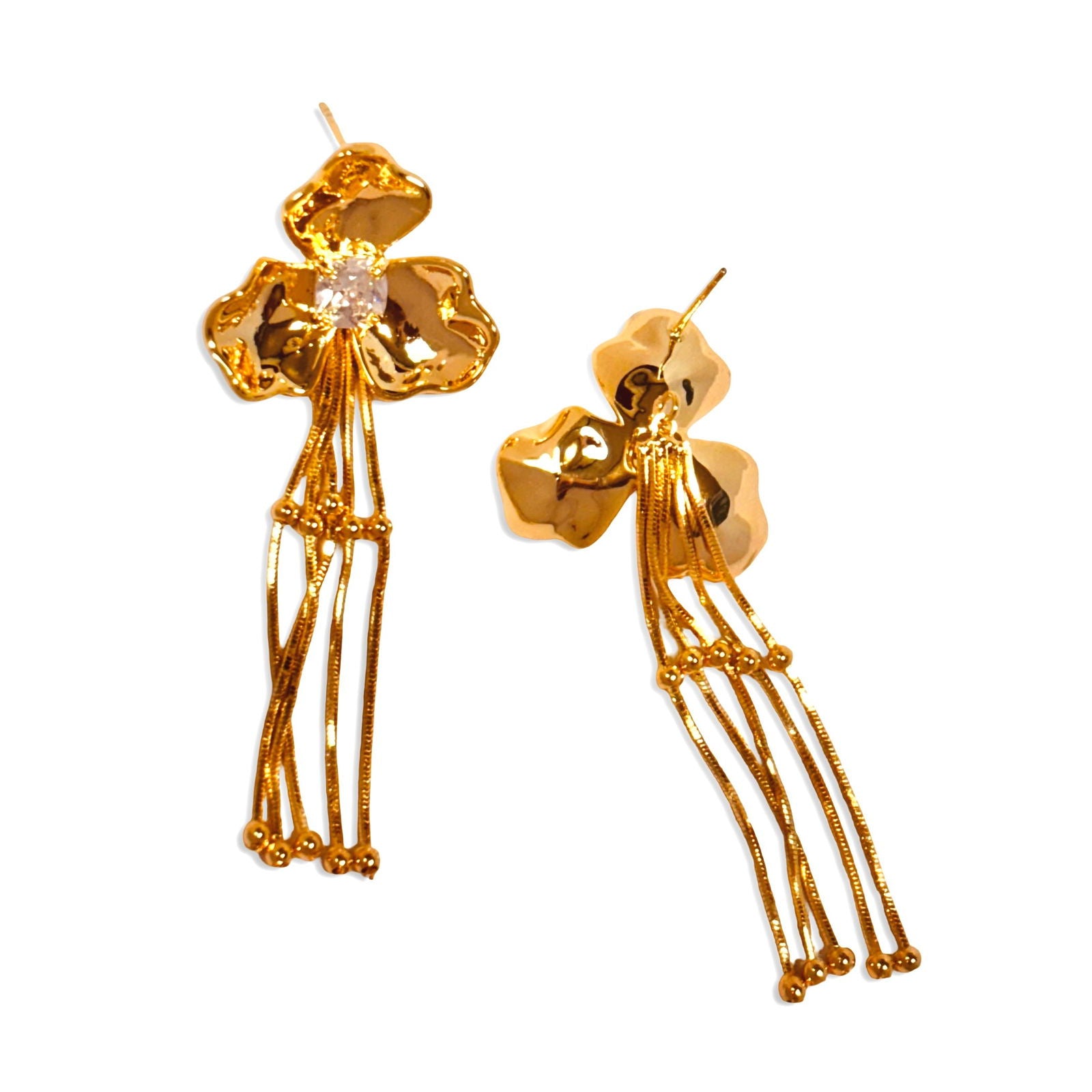 Three petal flower studs displayed on white background – gold-plated elegance - gold plated party dangler earrings - gold plated party wear danglers - gold plated party statement earrings - gold plated cocktail dangler earrings - gold plated festive dangler earrings - gold plated glamour dangler earrings - hypoallergenic evening danglers - water‑resistant party earrings anti-tarnish